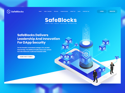 SafeBlocks website blockchain blue contract isometric one pager poppins font security web