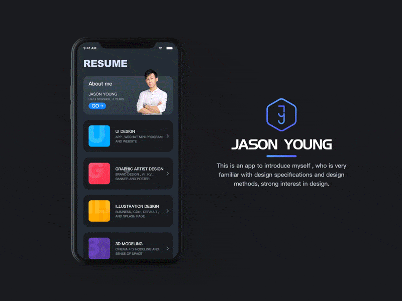 Jason Young Resume App 1 app dark design flat icon illustration introduce logo resume ui ux vector