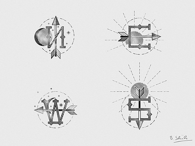 Compass monograms arrows bow compass flat illustration letter lettering line lineart lines monogram sun