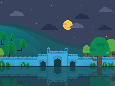Fort agrafort epic fort graphic design illustration illustrator indian minimal monuments moon mountain night palace pond reflections sky tree vector vector art