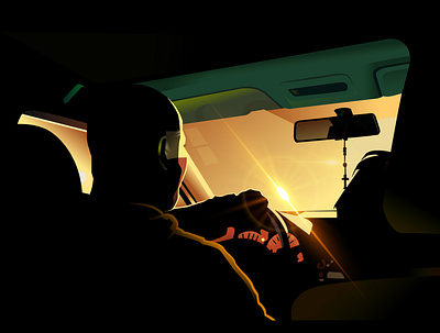 Night Ride black car colour design green illustraion life lighting reflection shadow vector waking way