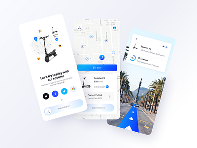 Scooter's - Mobile App Exploration 📚 app design apps branding clean mobile navigation scooter services street view transportation ui ux
