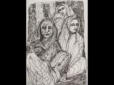 3women dip pen illustration pen and ink