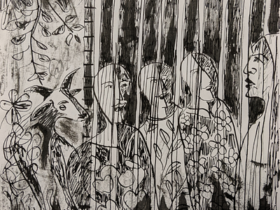 Caged humans and a goat illustrations pen and ink