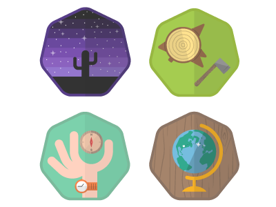 Travel Badges axe badge camping compass globe hand icon log night sky patch travel vector