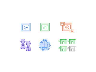 Online Video Strategy Icons building globe icon icongraphy man person purchase shop video world