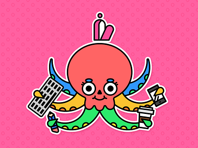 Multitasking Yo! cap character coffee colorful cute flat keyboard not an octopus octopus pencil simple