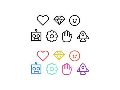 Iconage colorful face flower hand hear iconography icons robot rocket smile