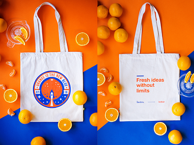 Transition Merch badge bag blue branding campaign client design flat global icon illustration logo merch merchandise orange rebranding stars type typography vector