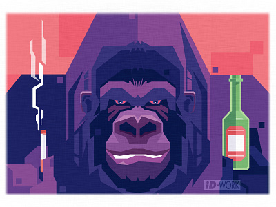 gorilla holding beer bottle and smoking