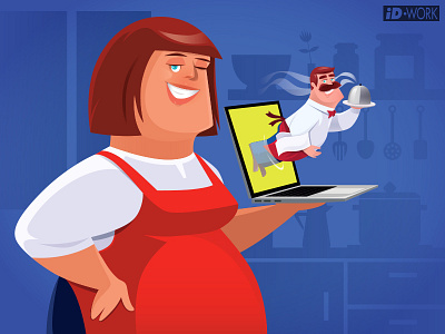 Woman holding laptop with chef