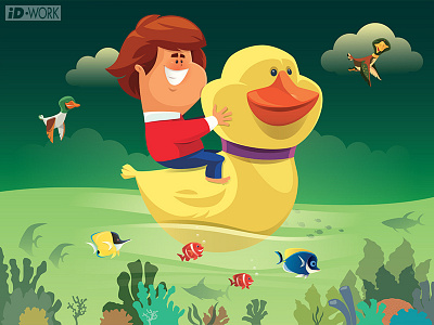 kid with rubber duck sailing adobe illustrator art cartoon character character art design digitaldrawing fishes graphic design graphicart graphics illustration illustrator rubber duck sailing vector vector artwork vectorart vectorgraphics vectorillustration