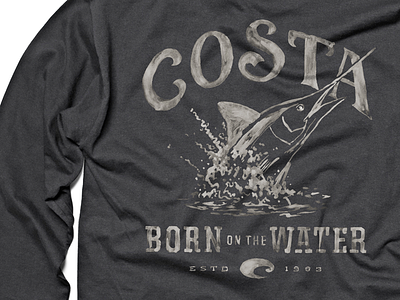 Costa Tee black cool costa fishing hand done sailfish tee tshirt typography watercolor