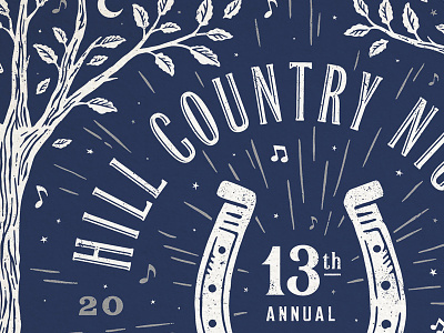 Hill Country Nights Poster austin benefit gig poster horseshoe illustration leaves lucky music poster texas tree typography