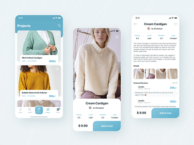 Knitting app app cards concept hobby ios market needle shop ui ux