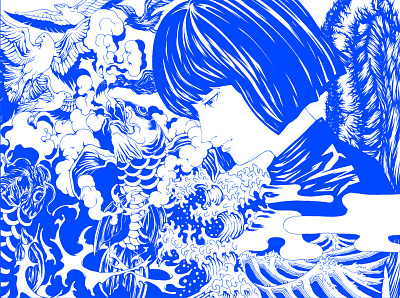 無常流転～Nothing Is Permanent～ bird cartoon fish girl illustration japan ocean wave pop pop art wings
