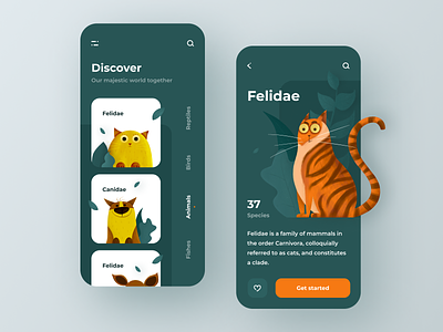 Animals App 2020 animals app cat design discover dog for kids green illustraion illustrator kids mobile app photoshop plants procreate sketch tiger ui ux