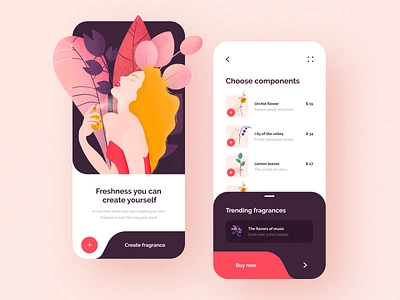 Perfume Creator App 2020 app design flower flowers fragrance freshness illustration illustrator mobile app perfume photoshop pink plants procreate sketch ui ux woman woman illustration