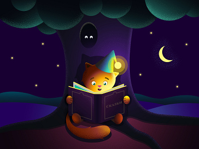 Fairy tales cat character fairytale fairytales illustration light moon moonlight night sky peaceful vector