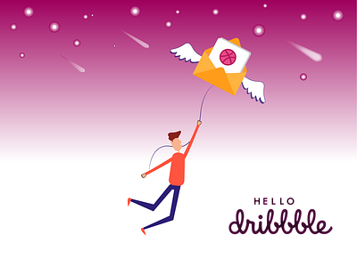 Hello Dribbble debut design dribbble first flat fly hello illustrator mail shot sky stars