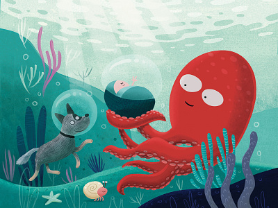 birth card for Marijn 🐙 baby dog illustration octopus underwater