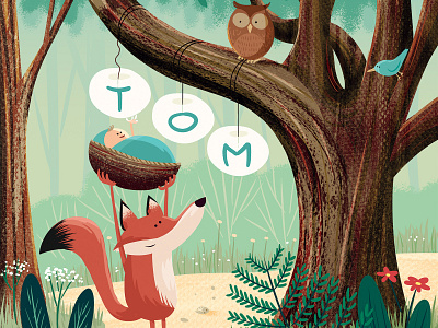 Tom baby birth announcement fox illustration owl woods