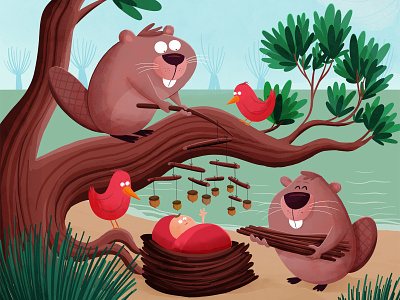 Ella Sofie baby beaver birth announcement illustration