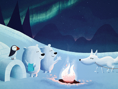 polar birth card for Noud ❄️ aurora borealis baby birth announcement bonfire campfire ice iglo illustration moose moosesnowboards polar polar bear puffin