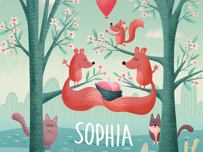 Sophia baby babycard balloon birth birth announcement birthcard bunny cat rabbit squirrel