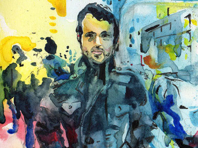 Complete Watercolor Portrait blue city coat face man portrait watercolor yellow