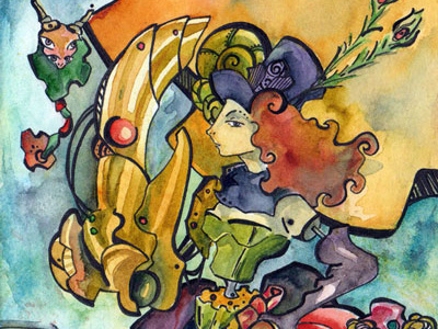 Clockworkqueensmall queen steampunk top hat watercolor woman yellow
