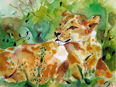 A Lady Lion animal green ink lion paper plants watercolor zoo