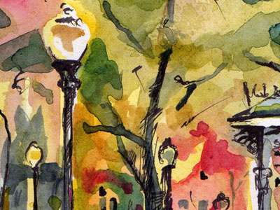 May Afternoon in Philadelphia art brush color drawing gold green illustration light outside paper park pen sketch spring texture watercolor yellow
