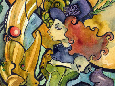 Clockwork Queen art clockwork cog corset dmt drawing elves face fashion gold hair hat illustration ink machine mechanical photoshop queen red robot sexy steampunk stylr top watercolor woman yellow