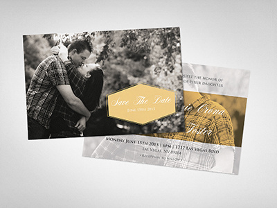The Foster's Save The Date golden invite layout overlays photography postcard savethedate shape tan wedding