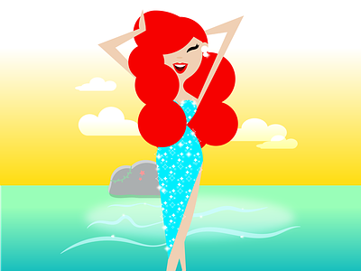 Over the Sea ariel beach character design disney disney fan art fashion illustration red hair retro simple summer vintage