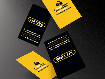 Lifting Nerdy Business Card Design apparel logo bicep black branding business card design fitness game controller icon illustration level up nerd stationery vector video game word mark yellow yellow logo