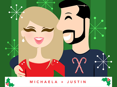 Michaela + Justin candy cane christmas christmas card colorful commision couple design illustration illustrator mistletoe portrait red retro simple snowflake vector