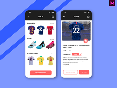 Soccer Shop adobe xd app design chelsea fc football interface design mobile app mobile design mobile ui shopping cart soccer ui design uiux