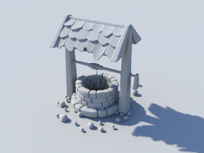 Low poly old stone well model 3d gaming gray light model oclusion render ropes shadow stone water well white wooden frame