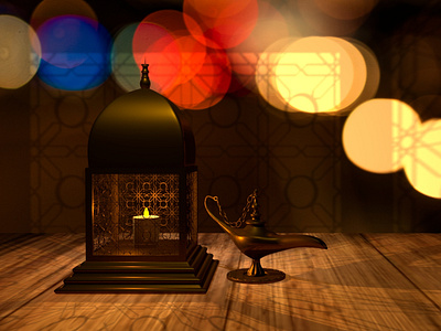 3D render 3d aladdin bokeh candle chirag glow lamp lantern light lighting magiclamp maya mentalray mosque render rendering table yellow