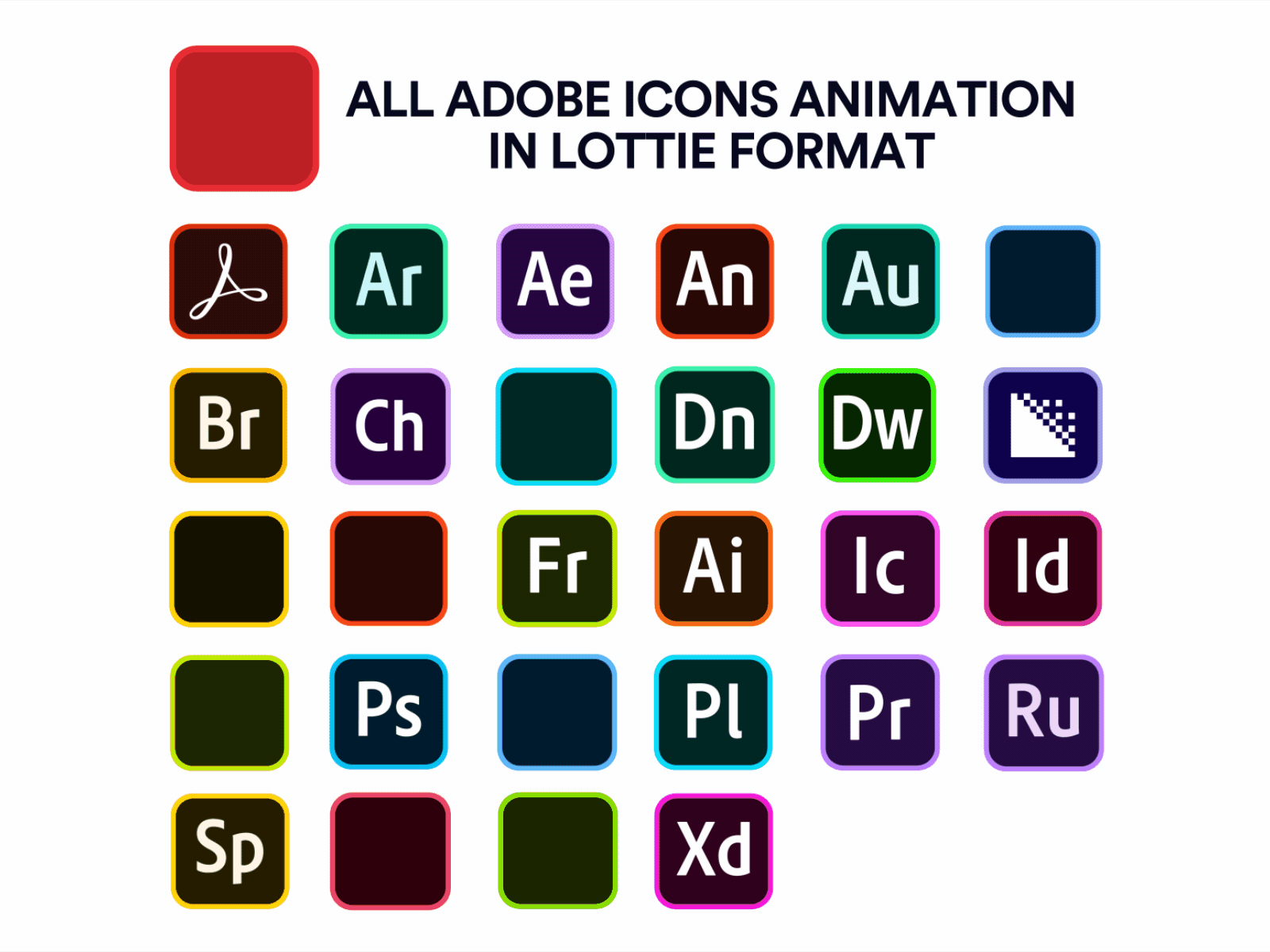 All Adobe Logos Animation Pack in Lottie JSON adobe after effects animation iconscout illustrator json logo lottie media encoder motion graphics pack photoshop