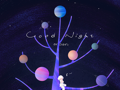 Good night, little planet. dream girl good night illustration planet star tree universe