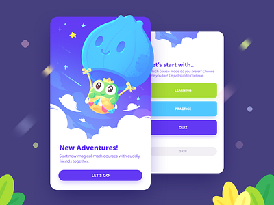 AHA Balloon! adventure character children clouds course educational app ui flags fly frog hot air balloon illustration k12 kids learning onion math sky stars study ui