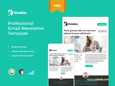 Kreative - Free Email Newsletter Template campaign monitor template email email marketing free freebie html template mailchimp template newsletter psd template responsive template template template builder