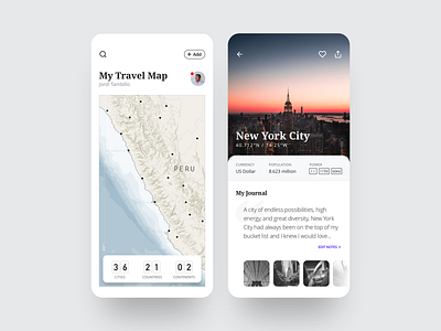 Travel Notes App app blog city color design explore framer framer x graphics icon ios journal maps minimal mobile new york photo travel ui ux