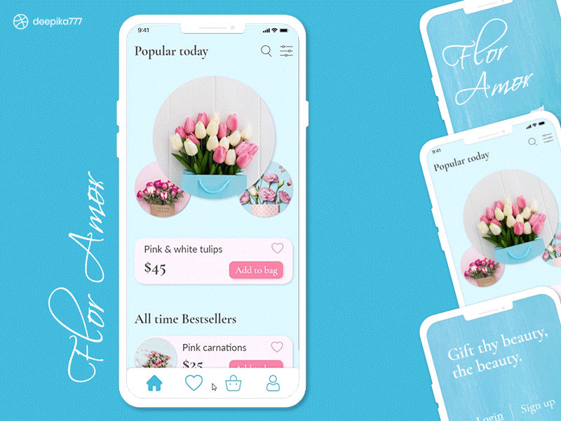 Flor Amor App Design - Home Screen animation app app design app ui design flowershop home screen interaction design microinteraction minimal mobile photoshop product page prototype transition ui ui design ux xd xddailychallenge