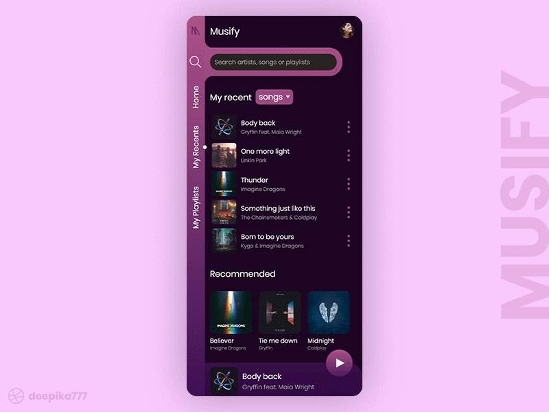 Musify - App design adobexd animation app app design dailyui design interaction design microinteractions minimal mobile mobile design music music app music app ui music player prototype transition ui uiux ux