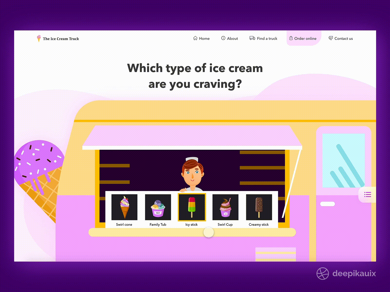The Icecream Truck - Web design adobe xd animation checkout dailyui design flat ui food delivery ice cream illustrations interaction microinteraction minimal modern motion graphics order ui ux vector art web design website