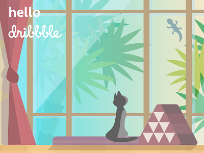 Hello Dribbble! cat gecko hello hello dribble illustration sunset vector window